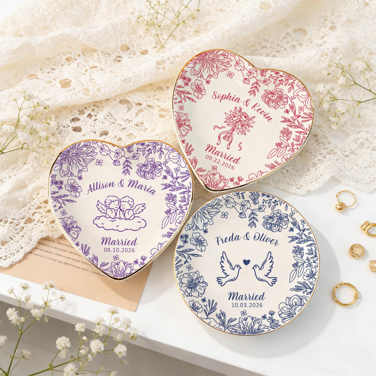Personalized Wedding Ring Dish, Flower Jewelry Dish for Couple, Sentimental Gift for Bride, Engagement Gift, Anniversary Married Keepsake