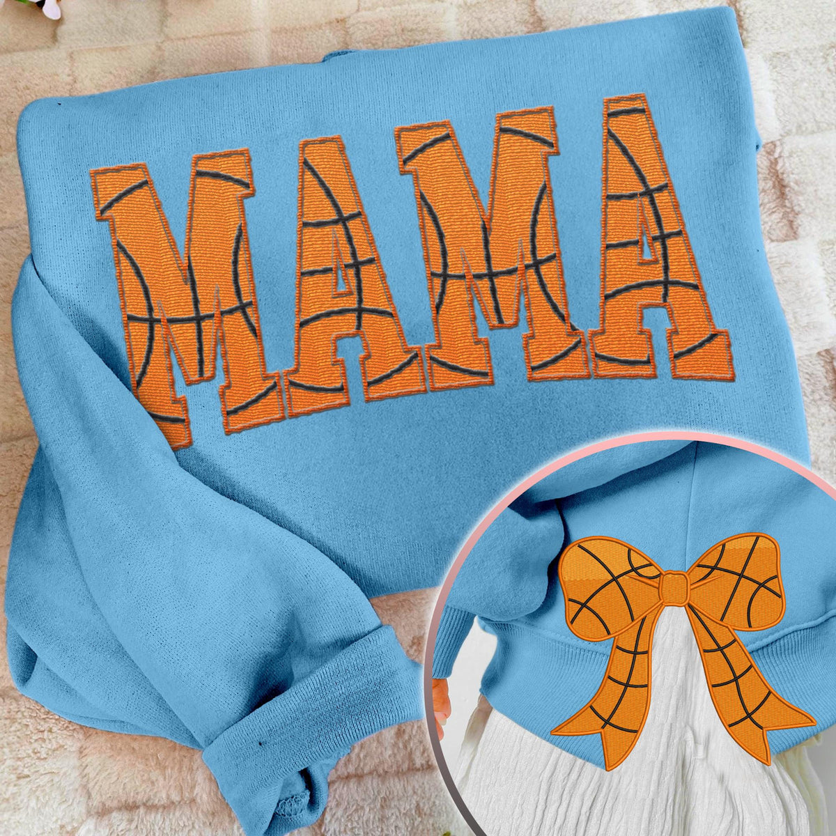 MAMA Basketball Coquette Side Bow Sweatshirt, Retro Trendy Coquete Lover Sweater, Bow Applique Pink Girl Gifts