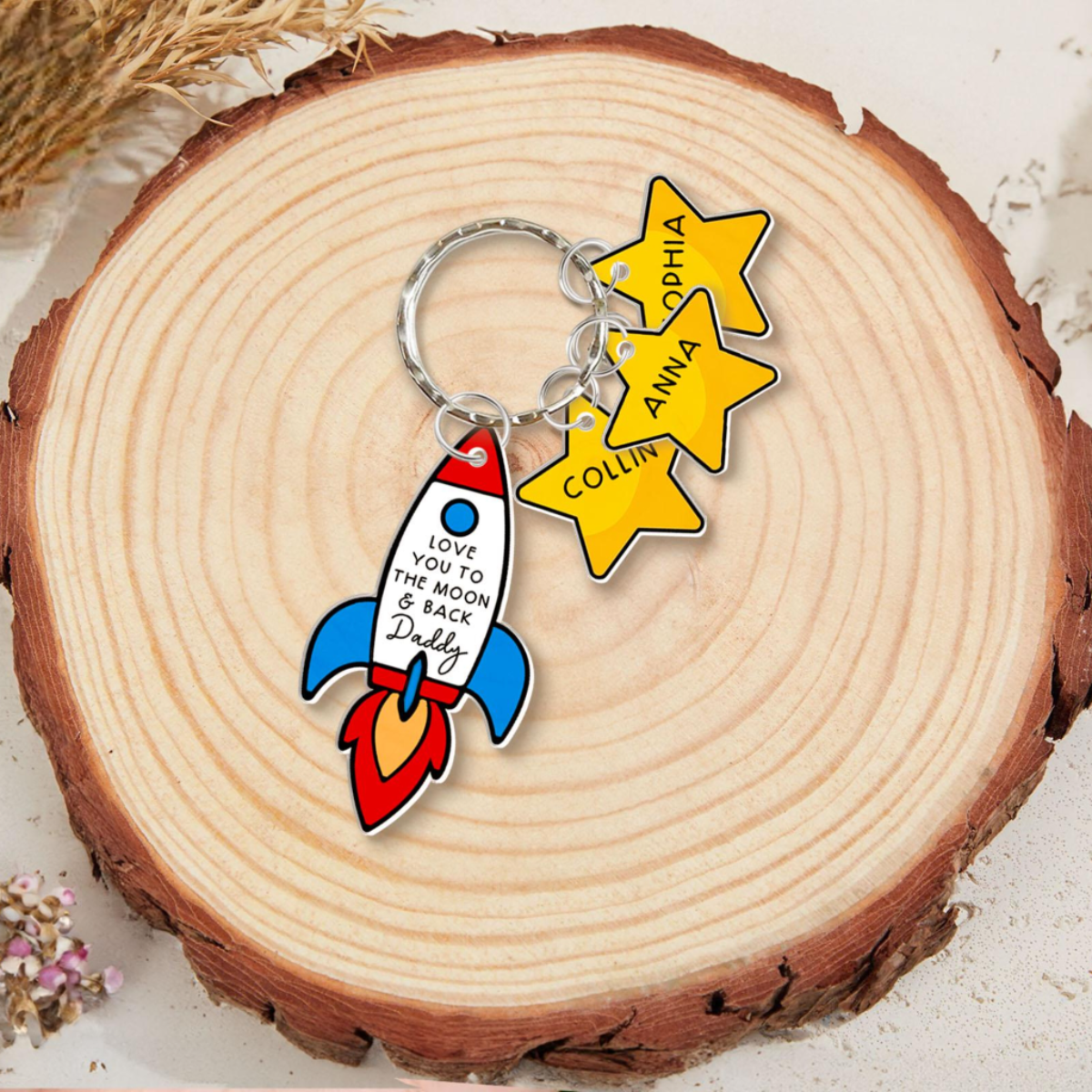 Love You To The Moon Keychain, Personalized Dad Keyring with Kid Names, Father's Day Gift from Son Daughter, Gift for Husband, New Dad Gift