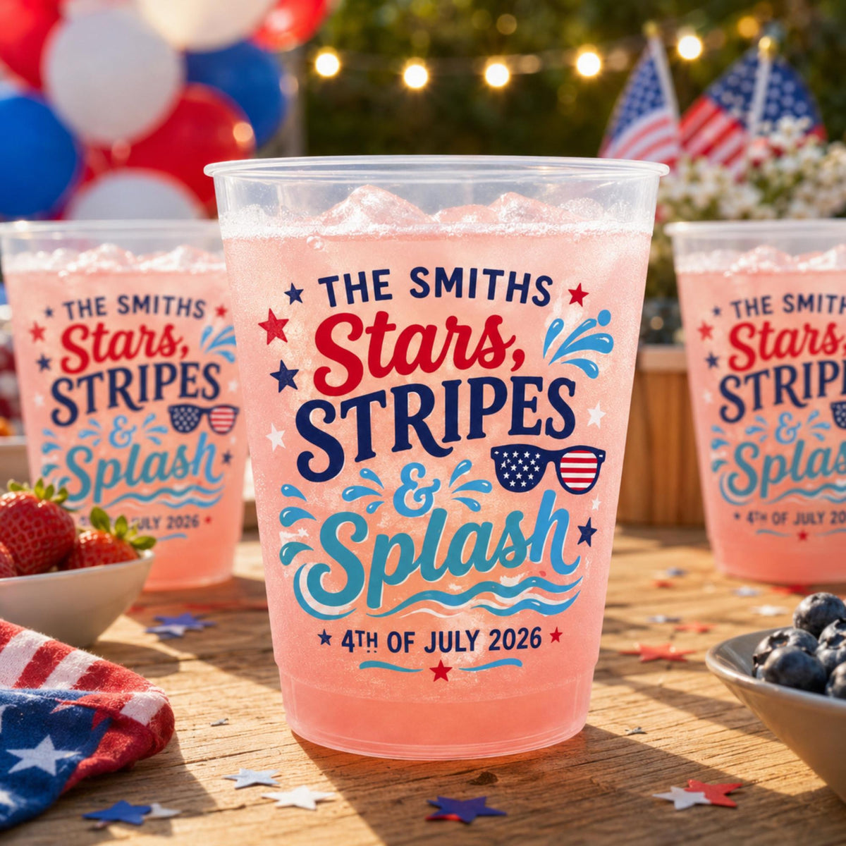 Personalized Pool Party Plastic Cups, Custom Stars Stripes and Splash Cups, 4th of July Family Pool Party Cups