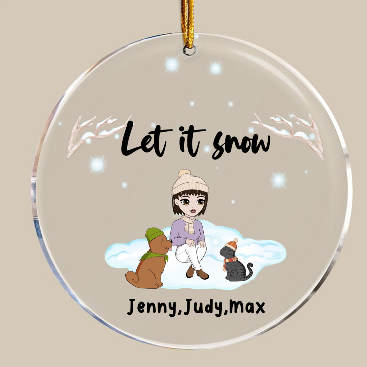 Let It Snow Woman And Dog, Cat Personalized Transparent Acrylic Ornament Pet Christmas Gift, Winter Gift For Dog Lovers Cat Lovers Dog Mom Gift
