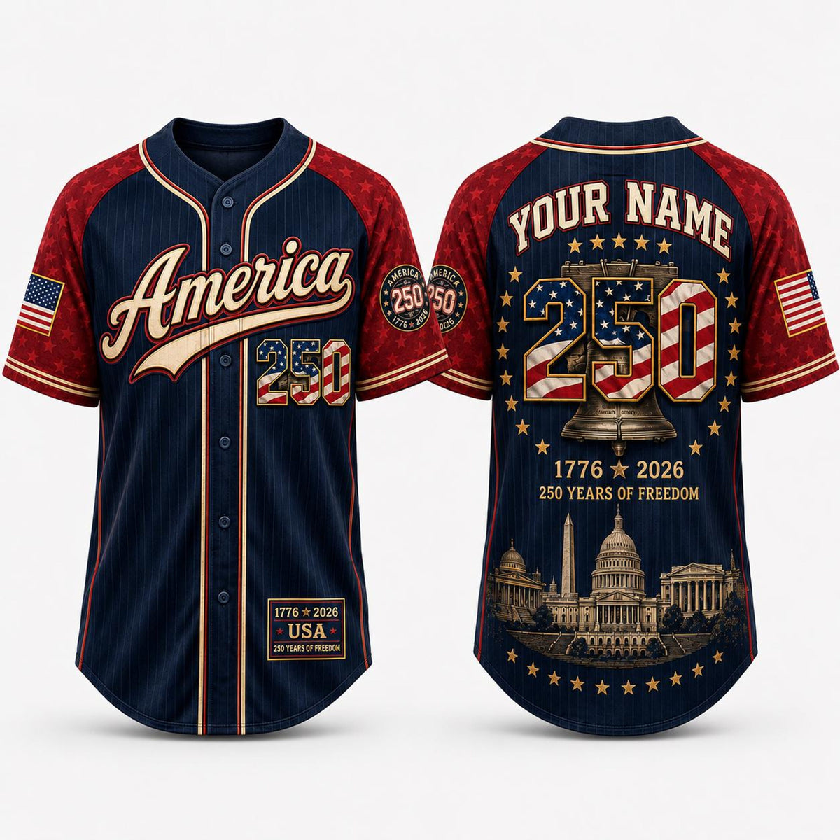 Personalized America 250 Baseball Jersey, Custom Name Number USA 1776 2026 Jersey, Patriotic Liberty Bell Shirt, 4th of July Gift