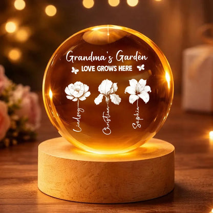 Grandma's Garden 3D Effect Birth Month Flowers - Personalized Crystal Ball LED Night Light - Gift For Mom, Grandma, Mother's Day Gift