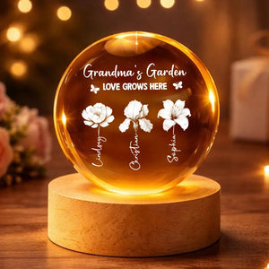 Grandma's Garden 3D Effect Birth Month Flowers - Personalized Crystal Ball LED Night Light - Gift For Mom, Grandma, Mother's Day Gift