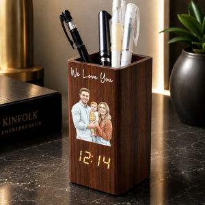 Custom Watercolor Photo - Personalized Pen Holder With Clock - Gift For Couple, Gift For Family