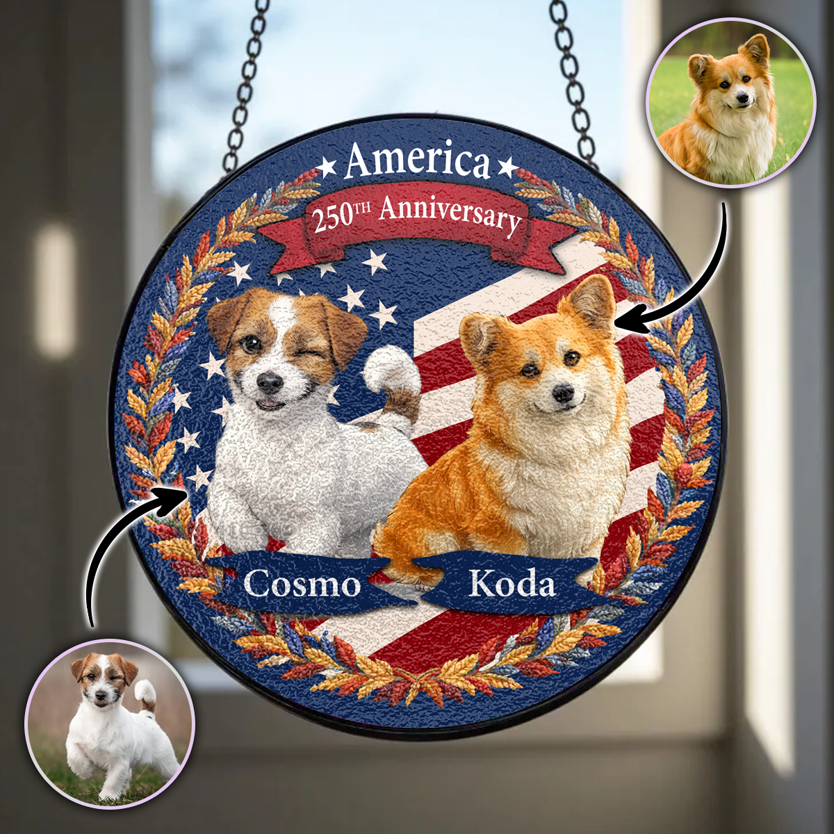 America 250th Anniversary Pet - Upload Photo Stained Glass Suncatcher 2_b59327a6-e912-4932-8390-533dcab212d5.png