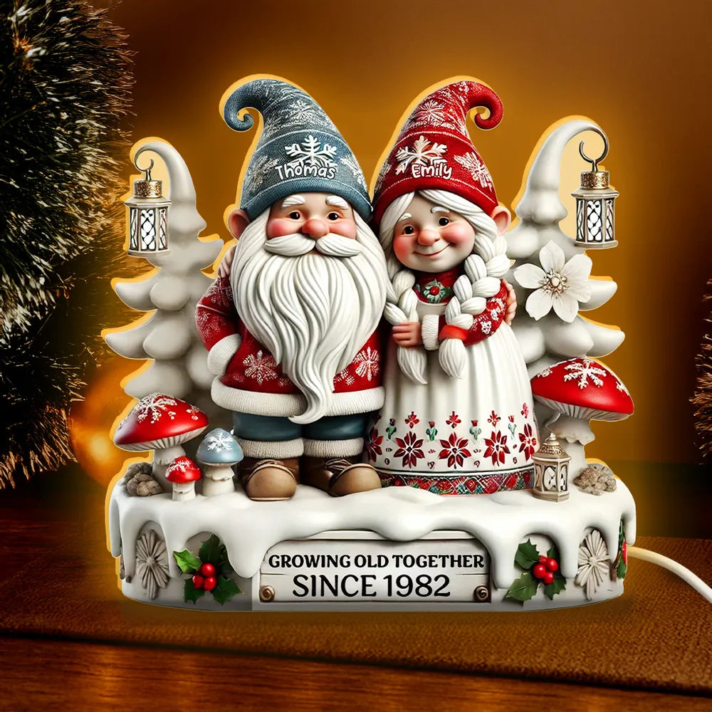 3D Effect Christmas Gnome Couple Growing Old Together - Personalized Acrylic Light Box - Christmas Gift For Couple