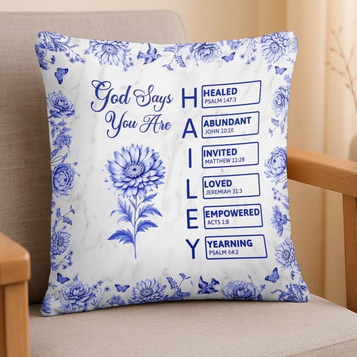 God Says I Am Name Letter In Bible Toile De Jouy Style, Personalized Pillow, Christian Gift, Gift for Her, Mental Health Gift