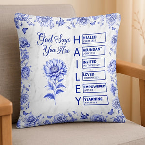 God Says I Am Name Letter In Bible Toile De Jouy Style, Personalized Pillow, Christian Gift, Gift for Her, Mental Health Gift