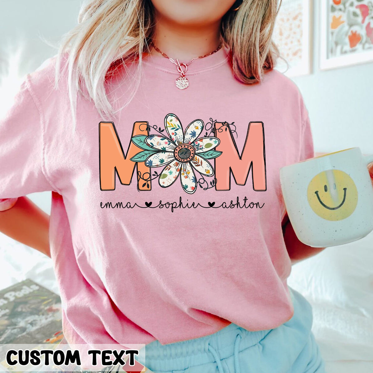 Retro Floral Mom With Kids Name - Personalized Apparel - Gift For Mom, Mother's Day Gift
