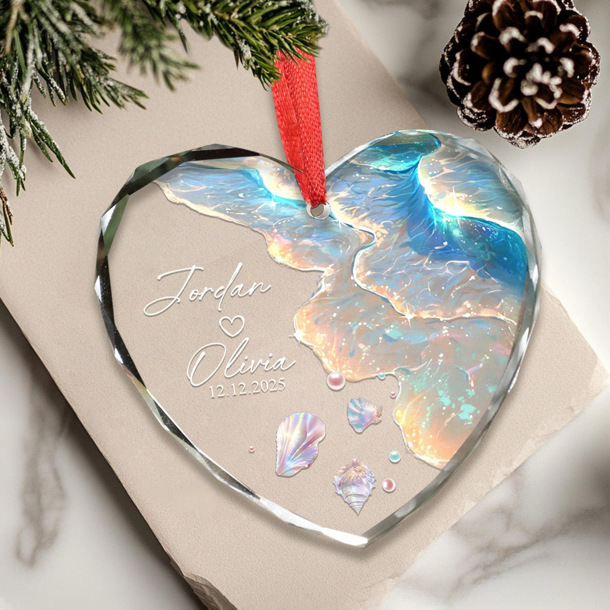 Personalized Ocean Wave Ornament, Custom Engagement Wedding Gift for Couple, Beach Mermaid Tail Keepsake, Mr & Mrs Anniversary Present