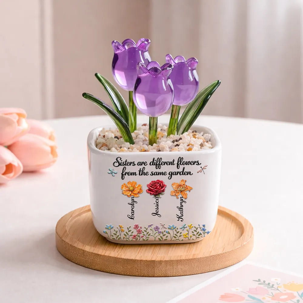 Sisters Are Different Flowers From The Same Garden - Personalized Mini Glass Flower Pot - Gift For Sisters, Besties, Friends