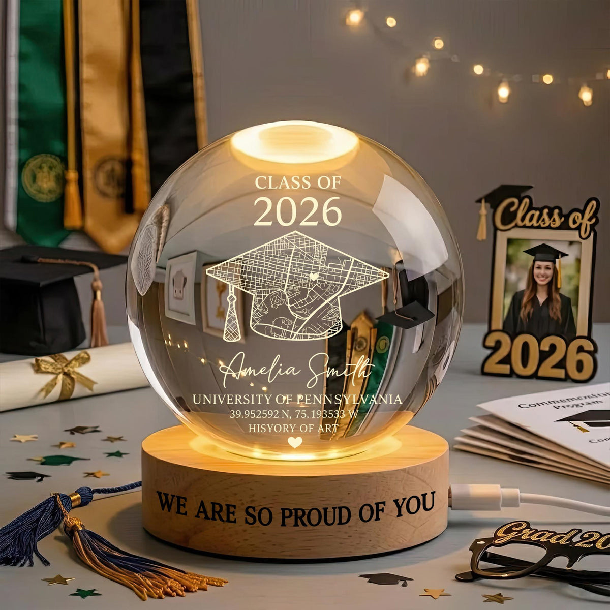 Personalized Class of 2026 Crystal Ball Night Light, Custom Graduation Gift, LED Lamp for Senior Keepsake