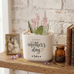 Personalized Tulip Glass Flower Pot, Mother's Day Gift for Mom, Happy Mothers Day Planter, Custom Name Flower Pot, Decorative Glass Tulip