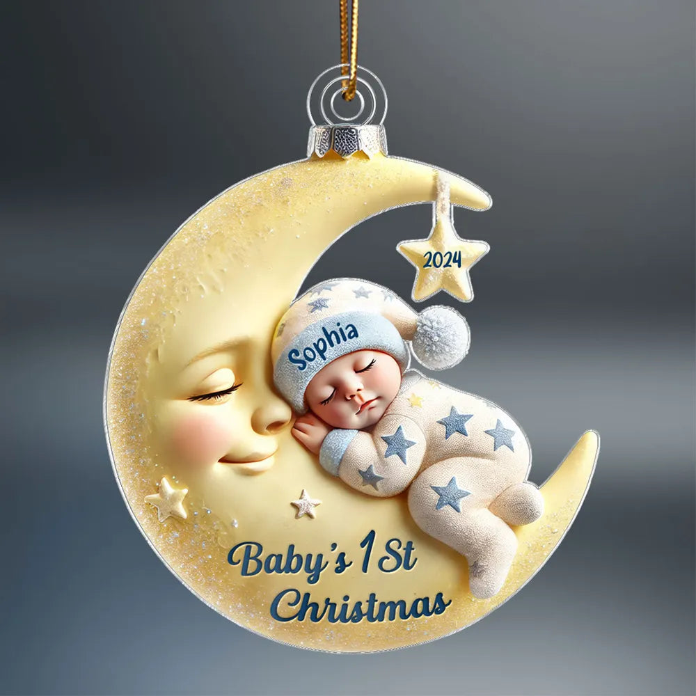 3D Effect Baby On Moon - Personalized Acrylic Ornament - Christmas Keepsake, Gift For Family & Baby