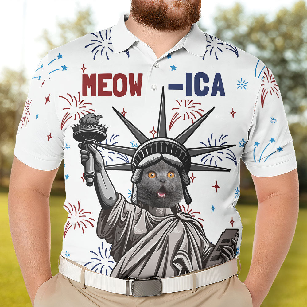 Patriotic Meowica - Personalized Polo Shirt - 4th Of July Gift For Cat Dad, Cat Mom