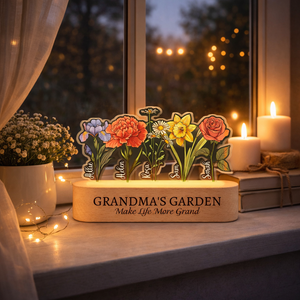 Grandma's Garden Night Light, Birth Month Flowers Night Light Gift For Nana, Mother's Day Gift, Gift for Grandma, Gift for Mom, LED Light Wooden Base
