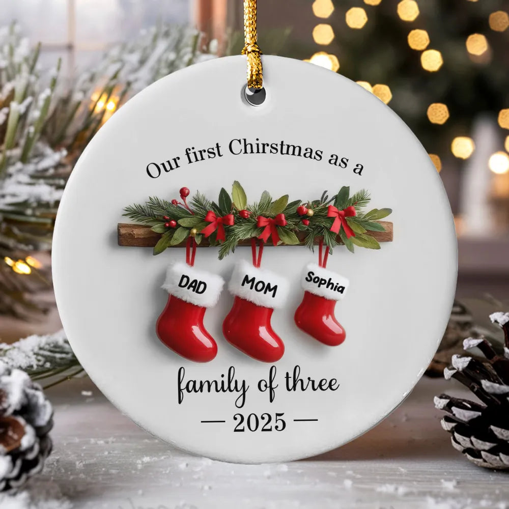 3D Effect Stockings Our First Christmas As A Family - Personalized Ceramic Ornament - Christmas Tree Decor For Family