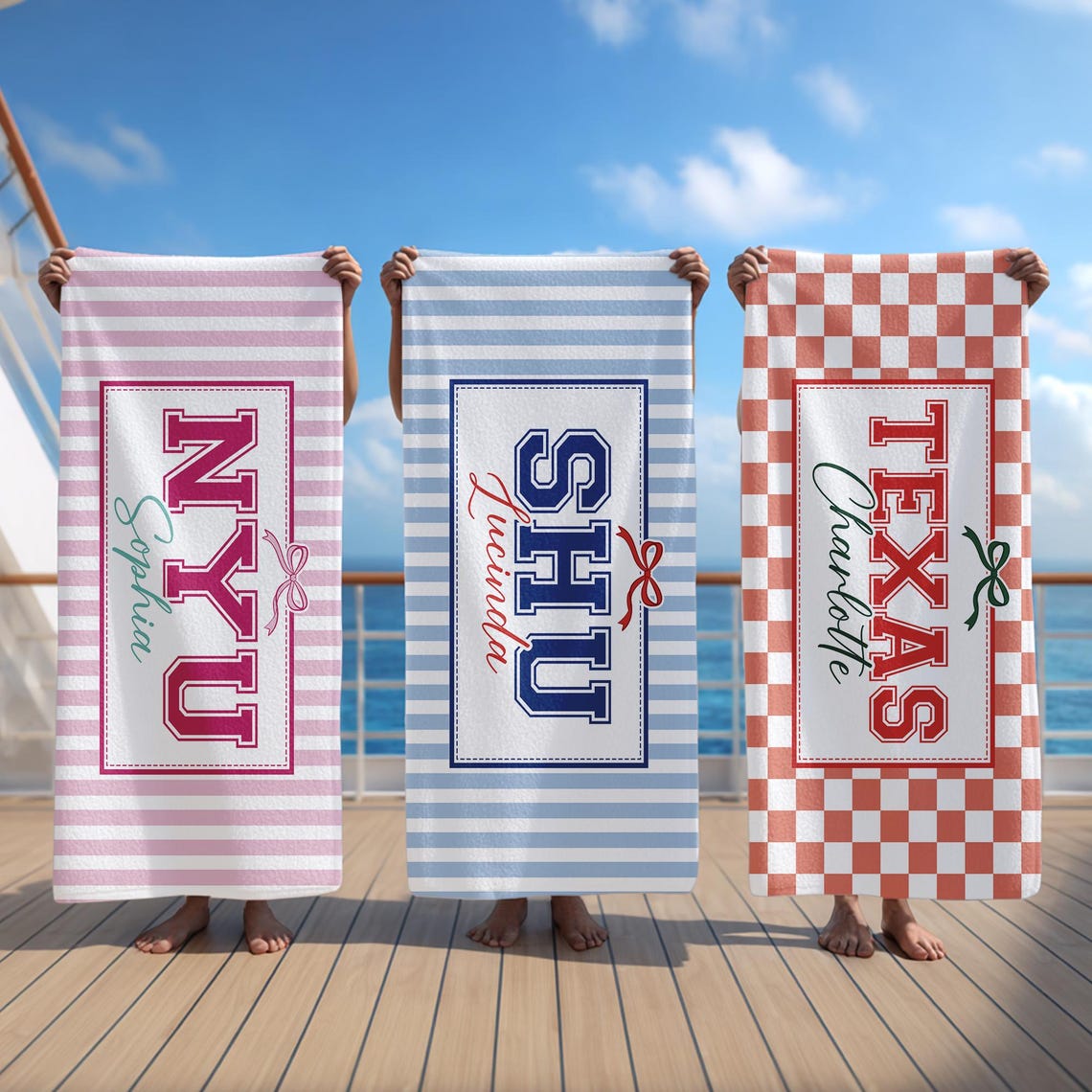 Personalized Coquette School Striped Beach Towel: College University Pride Spirit Gift, High School Graduation Gift, Class Of 2026 Gift