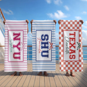 Personalized Coquette School Striped Beach Towel: College University Pride Spirit Gift, High School Graduation Gift, Class Of 2026 Gift