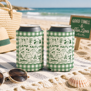 Camp Bachelorette Can Cooler, Bachelorette Camping Drink Holder, Camp Themed Bridal Party Favors, Custom Location Bridesmaid Gifts