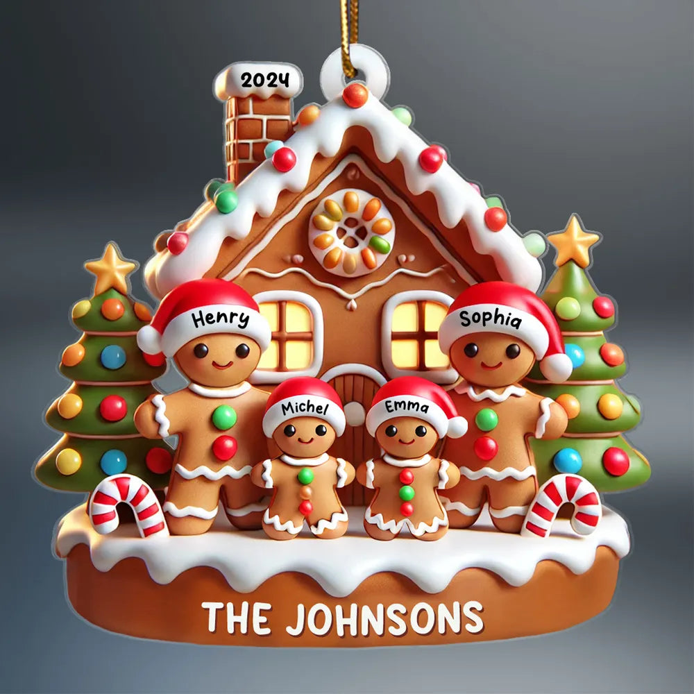 Gingerbread Family With Gingerbread House 3D Effect - Personalized Acrylic Ornament - Christmas Gift For Family