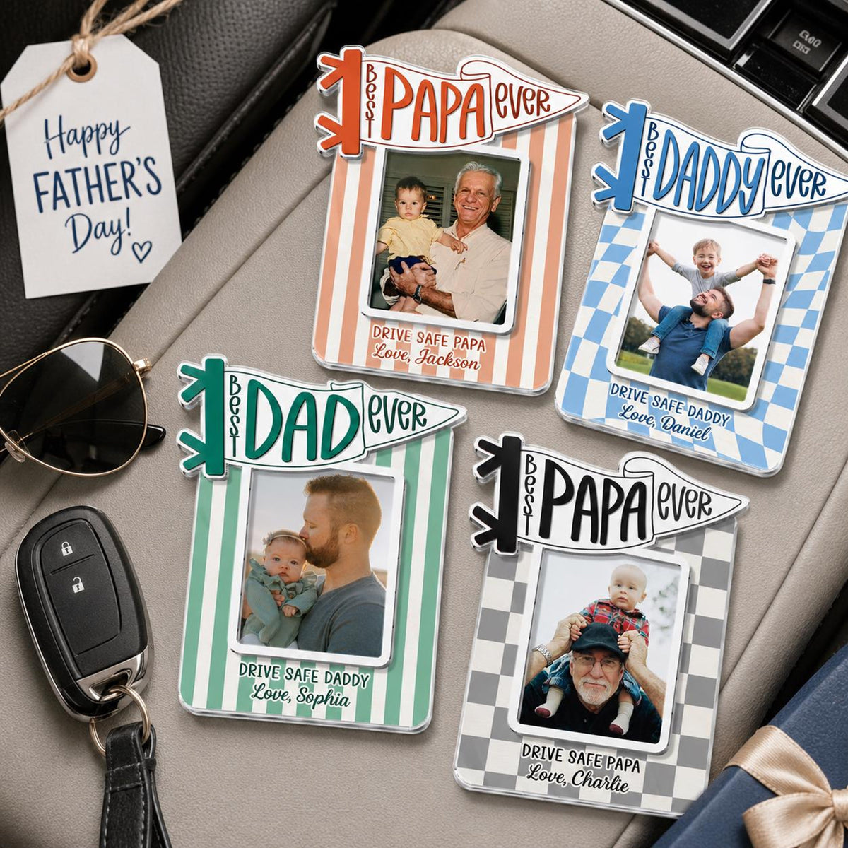 Personalized Best Dad Ever Sun Visor Clip Picture Frame, Custom Photo Car Visor Clip for Dad, Drive Safe Daddy Gifts, First Fathers Day Gift
