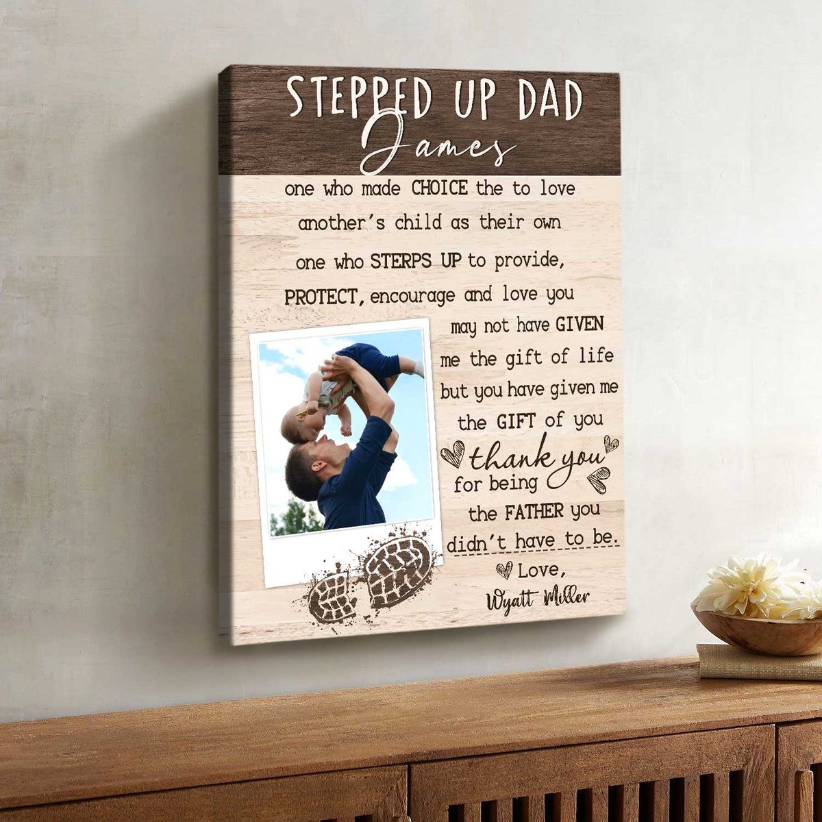 Stepped Up Dad Wood Picture Canvas, Custom Father's Day Stepped Up Dad Gift, Personalized Photo Gift For Stepfather