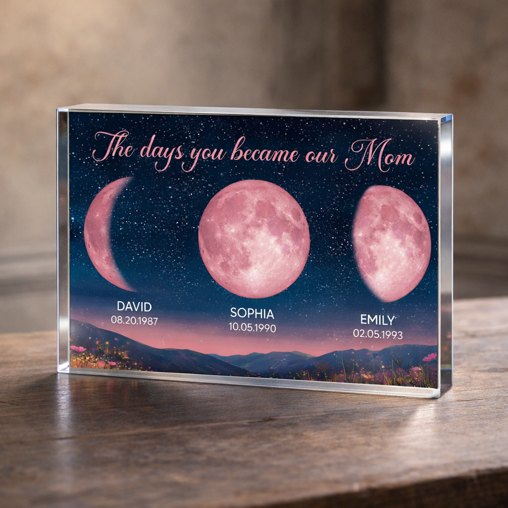The Day You Became Our Mom Pink Moon Phase - Personalized Acrylic Table Sign - Gift For Mom, Mother's Day, Birthday Gift