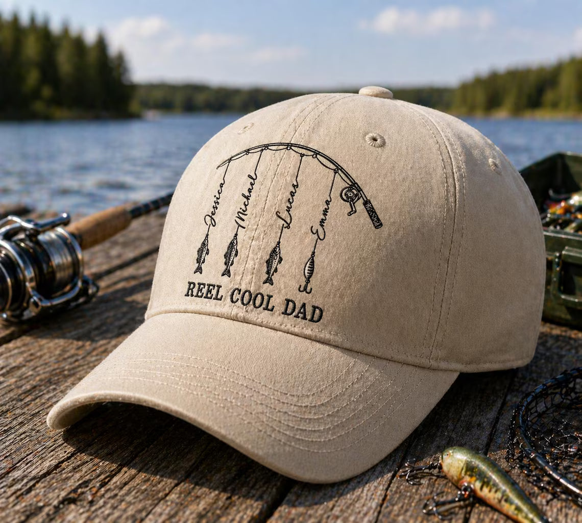 Personalized Reel Cool Dad Cap, Fathers Day Gift, Dad Fishing Hat, Fishing Gift for Grandpa, Fisherman Papa & Kid Name Embroidered Cap