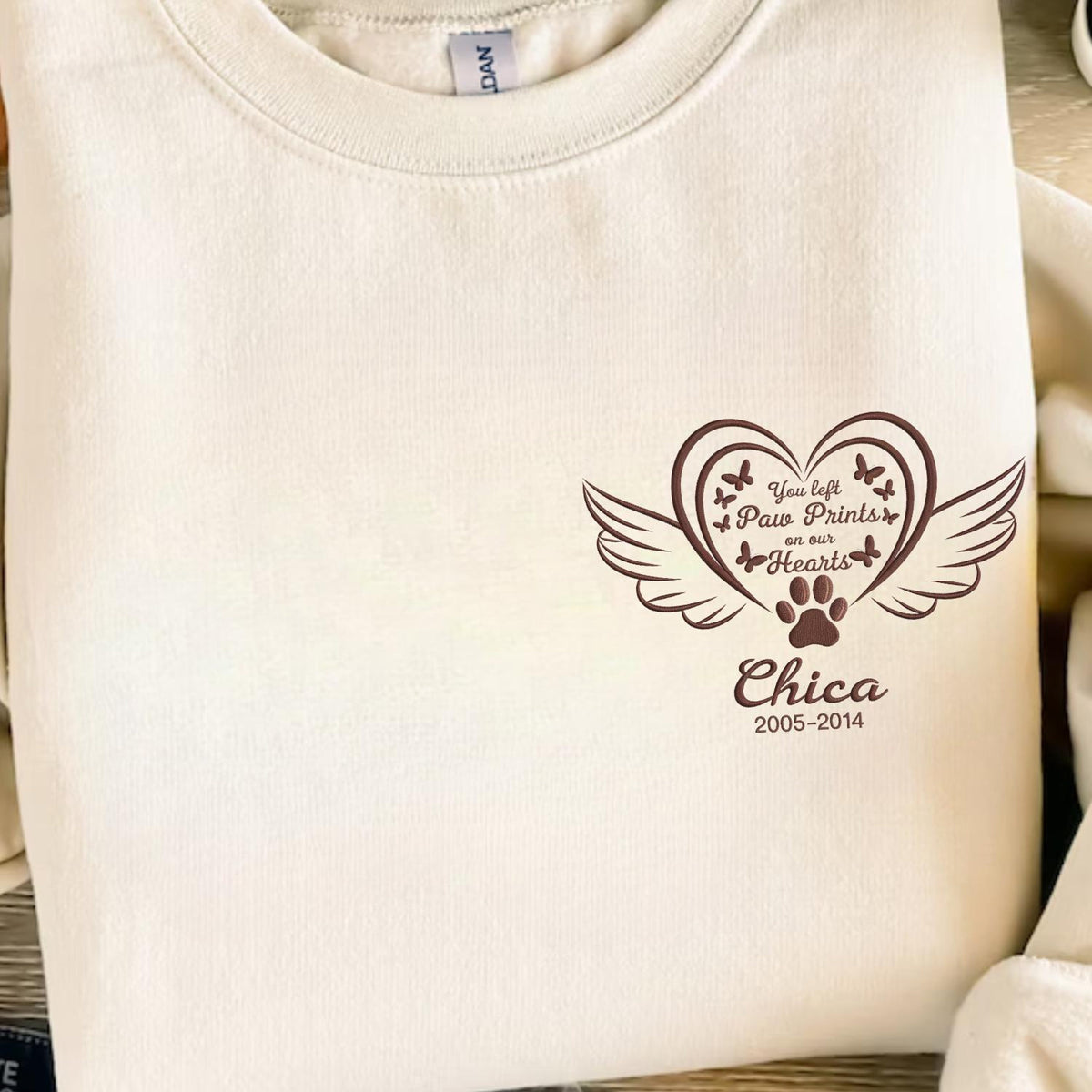 You Left Paw Prints On Our Hearts, Personalized Embroidered Sweatshirt, Custom Name & Date, Memorial Embroidered Sweatshirt