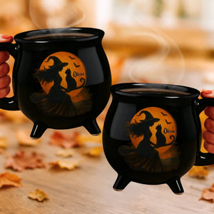 Mystic Witch With Cat - Personalized Halloween Black Ceramic Witch Mug - Halloween Gift For Family, Sisters, Friends, Siblings