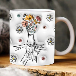 Flowers Holding Mom's Hand - Personalized 3D Inflated Effect Printed Mug - Gift For Mother