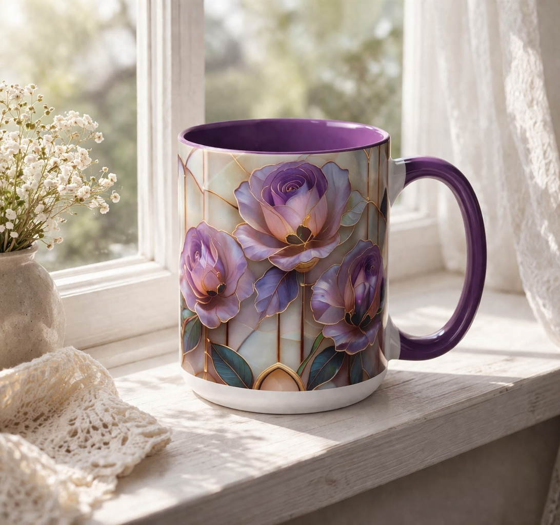 Personalized Purple Rose Stained Glass Mug, Elegant Floral Coffee Cup, Gift For Mom, Sister, Bestie