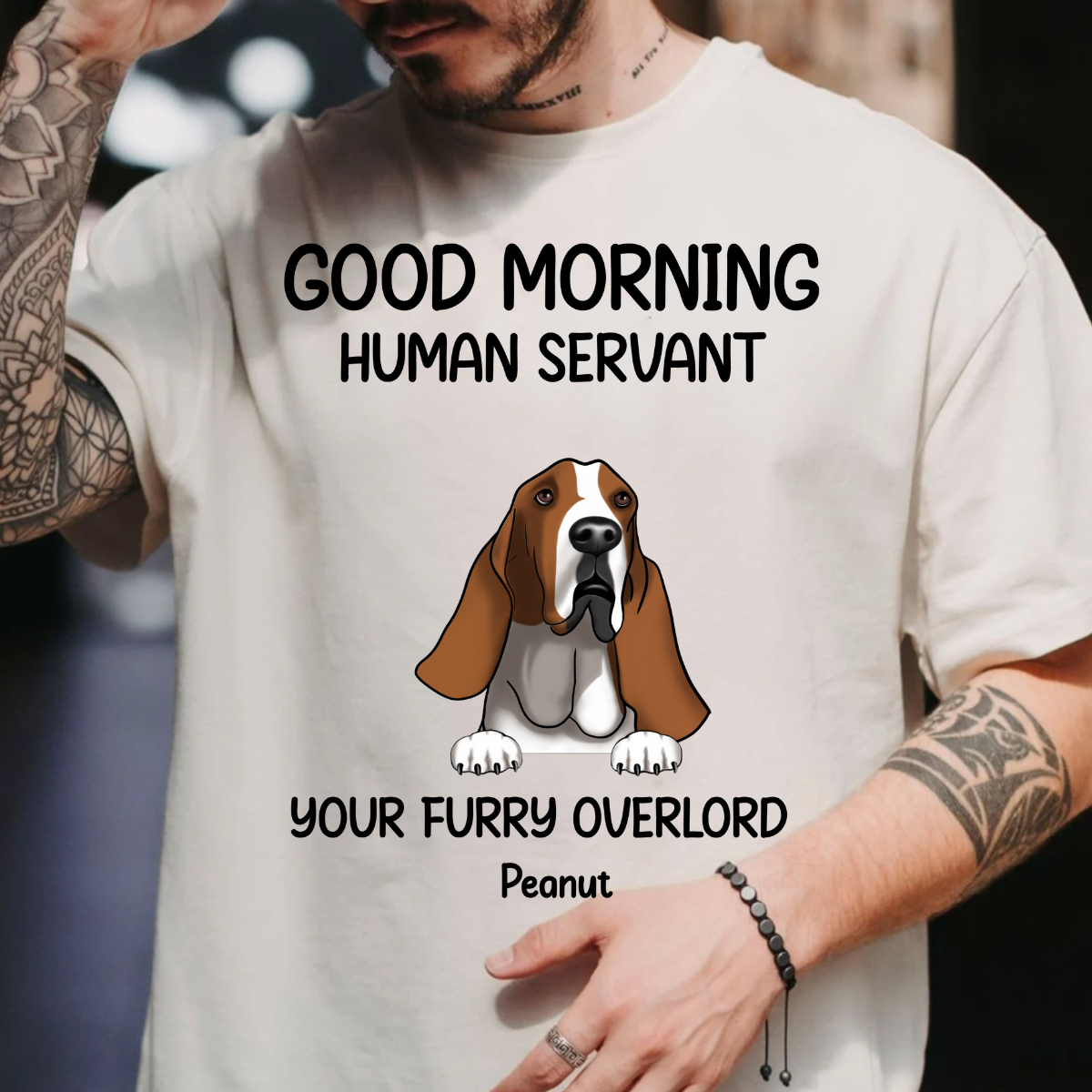 Good morning, Human Servant Your Furry Overlord Here Personalized T-Shirt Perfect Gift For Dog Lovers Dog Mom Dog Dad