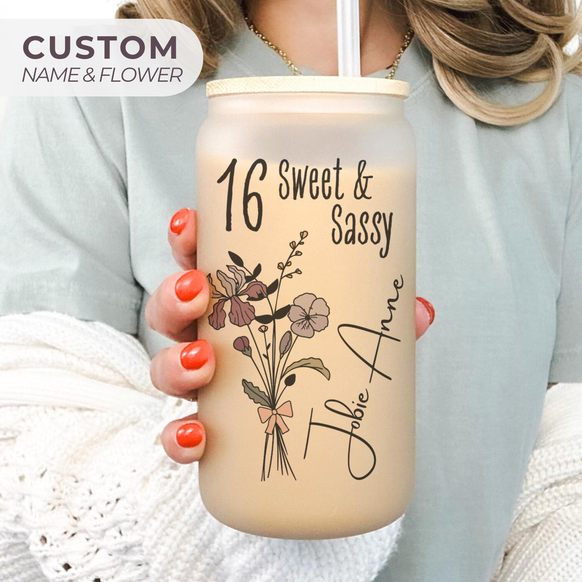 16th Birthday Glass Tumbler, Turning 16 Gift With Birthflower Glass Tumbler, 16 Year Old Gift Iced Coffee Cup, Sweet Sixteen Birthday Glass With Flower