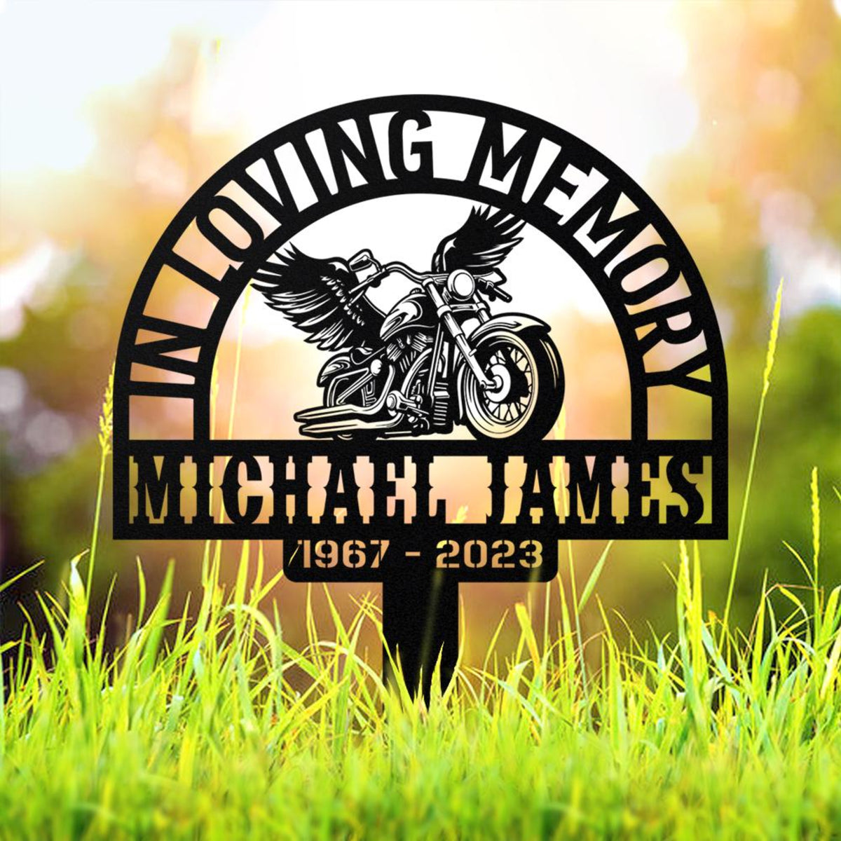 Custom Biker Memorial Stake, Rider Memorial Metal Stake, Motorcycle with Wings, Biker Name Sign, Loss of Loved One, Grave Marker Biker loss