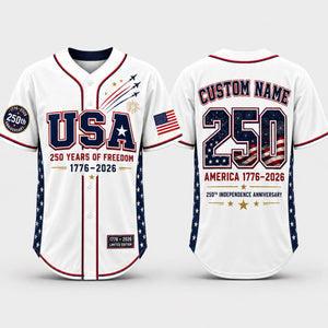 Personalized USA 250 Baseball Jersey, Custom Name America 1776 2026 Jersey, 250 Years of Freedom Patriotic Shirt, 4th of July Gift
