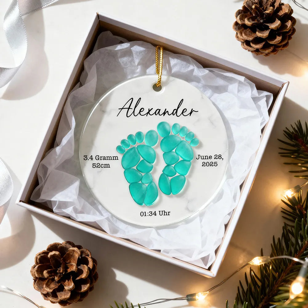 Sea Glass 3D Effect Baby Footprint - Personalized Ceramic Ornament With Acrylic - Christmas Gift for New Parents, Newborn