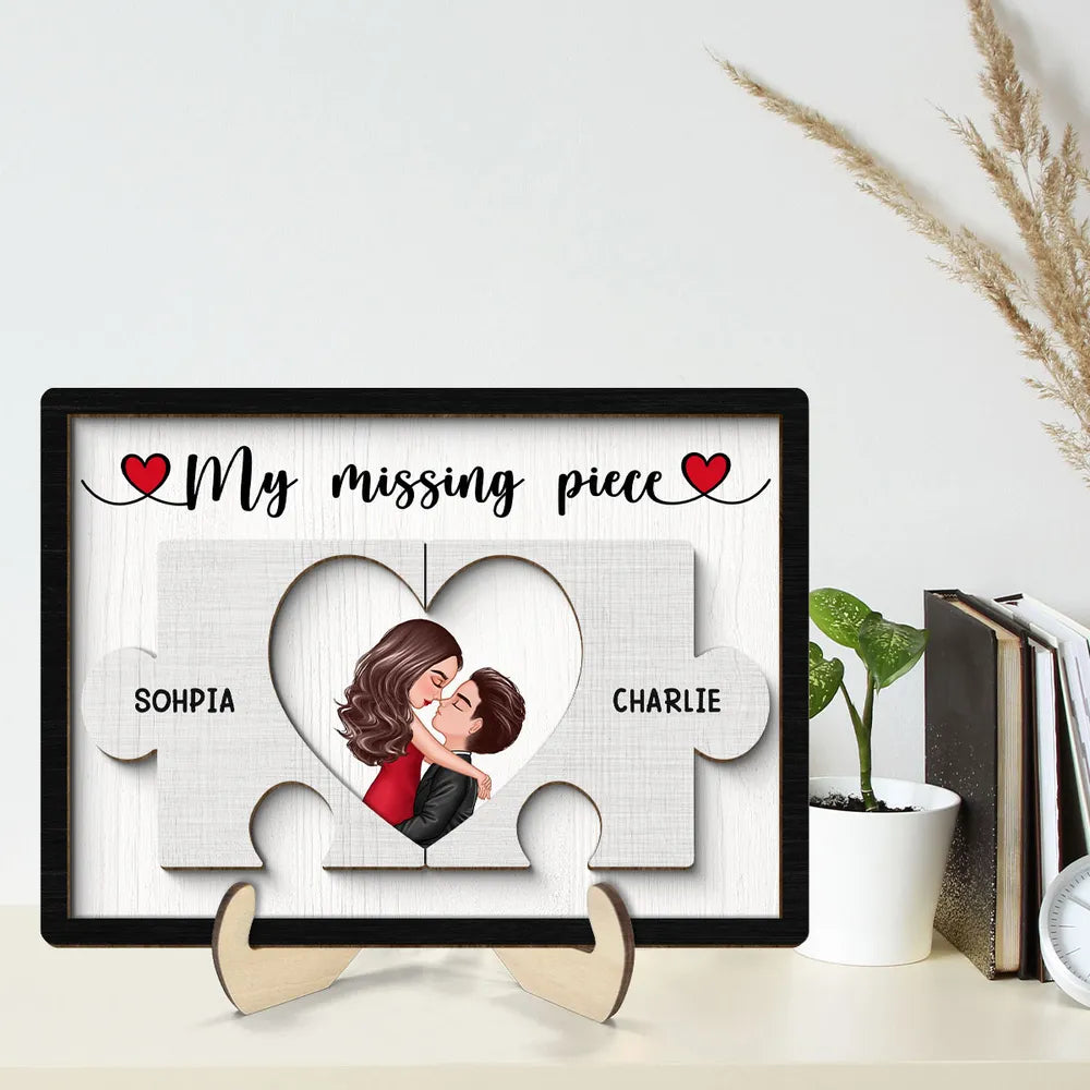 Couple Kissing Missing Piece In Puzzles - Personalized Wooden Plaque - Valentine s Day Gift For Him, For Her