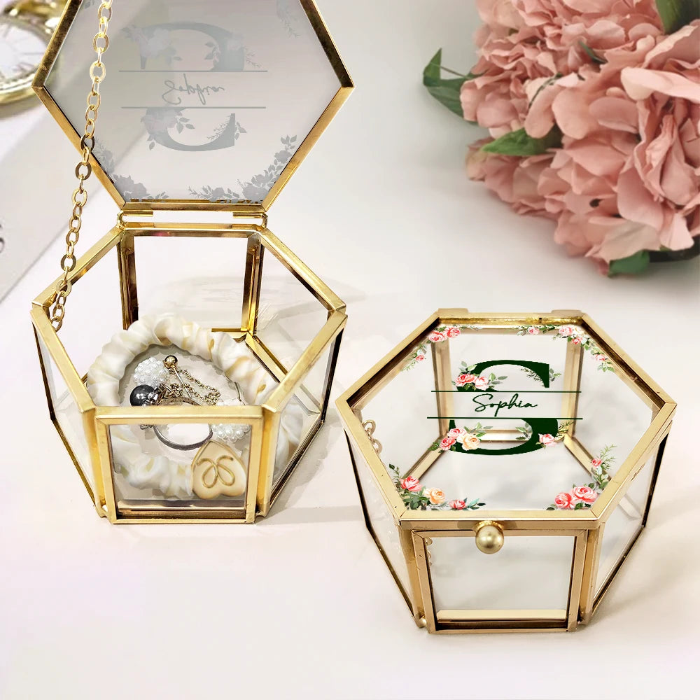 Monogram Floral - Personalized Hexagonal Glass Ring Box - Gift For Mother, Grandma, Aunt, Besties, Sisters, Girlfriend