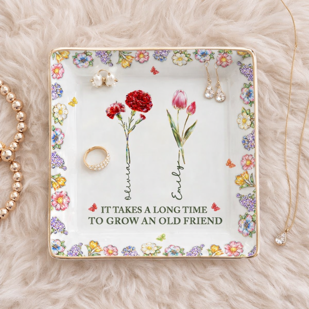 Personalized Floral Jewelry Dish, Custom Name Friendship Gift, Trinket Tray with 3D Effect Birth Flowers & Meaningful Quote