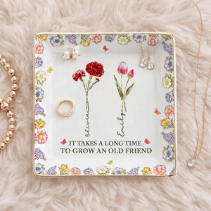 Personalized Floral Jewelry Dish, Custom Name Friendship Gift, Trinket Tray with 3D Effect Birth Flowers & Meaningful Quote