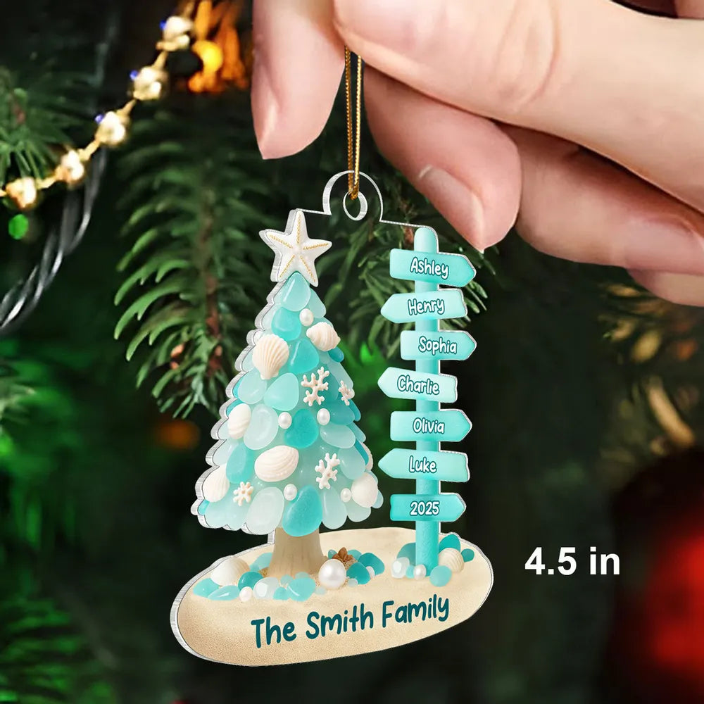 Family Direction Sign Post Sea Glass Pattern - Personalized Acrylic Ornament - Christmas Gift for Family