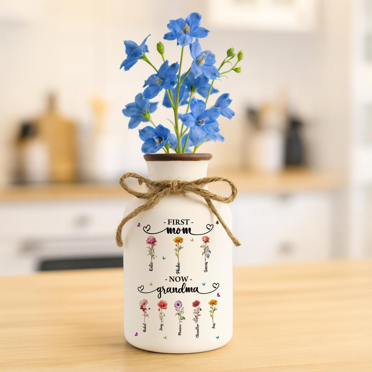 First Mom Now Grandma Flower Vase, Personalized Ceramic Vase with Birth Flowers, Custom Family Gift, Grandma Birthday Gift
