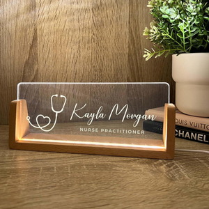 Personalized Name & Title Desk Plate Stand, Stethoscope Symbol Professional Medical Nurse Nursing, Office Sign LED Light Nameplate Gift