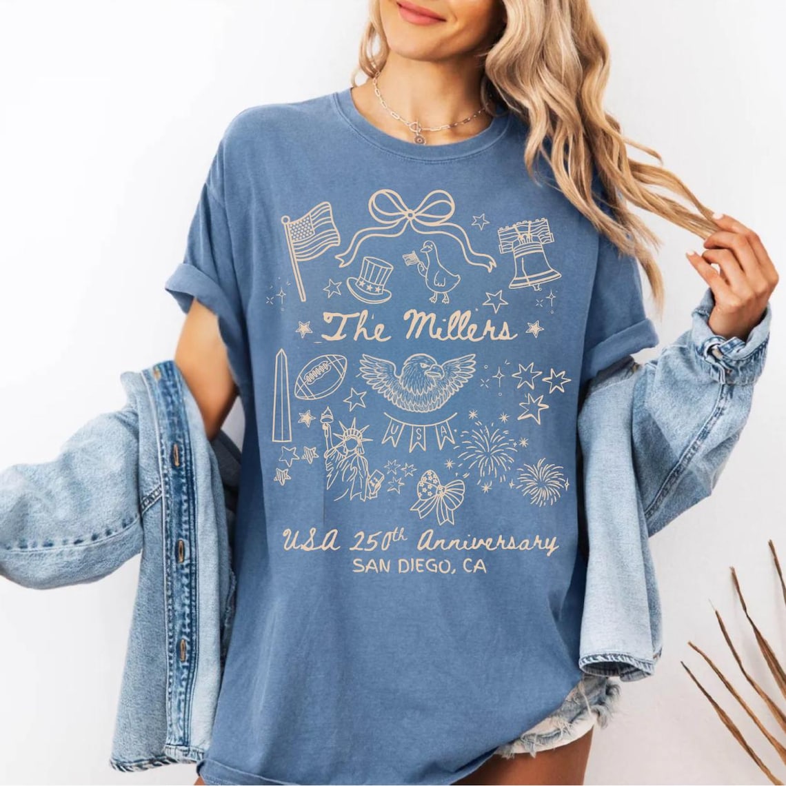 USA 250th Anniversary Family Matching Shirts, Personalized Doodle Tee with Name City State, 4th of July Keepsake