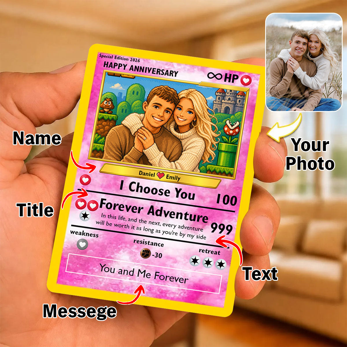 Pixel Poke Art Card - Couples Photo Card, Gift for Him, Anniversary Gift, Couple Photo Wallet Insert, Couples Gift, Wedding Gift