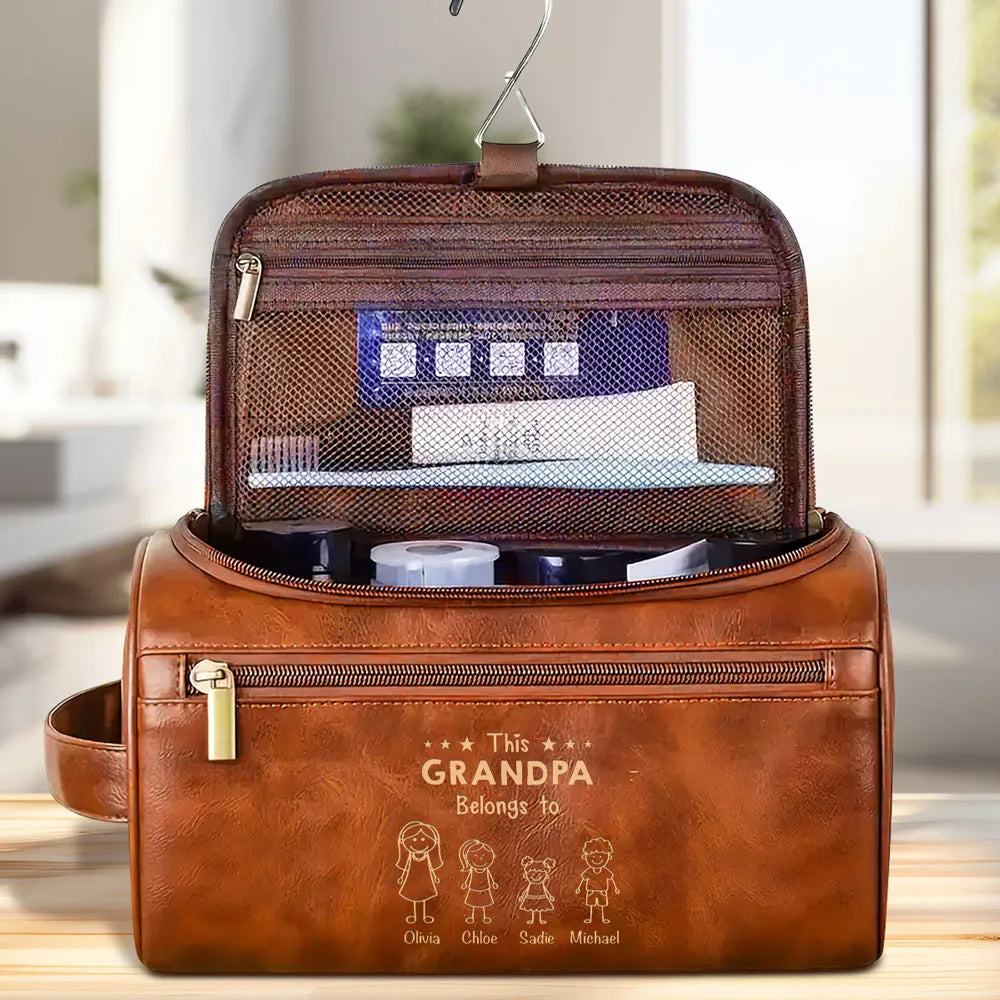 This Papa Belongs To - Personalized Leather Toiletry Bag - Gift For Father, Grandpa, Father's Day Gift