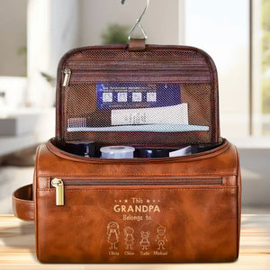This Papa Belongs To - Personalized Leather Toiletry Bag - Gift For Father, Grandpa, Father's Day Gift